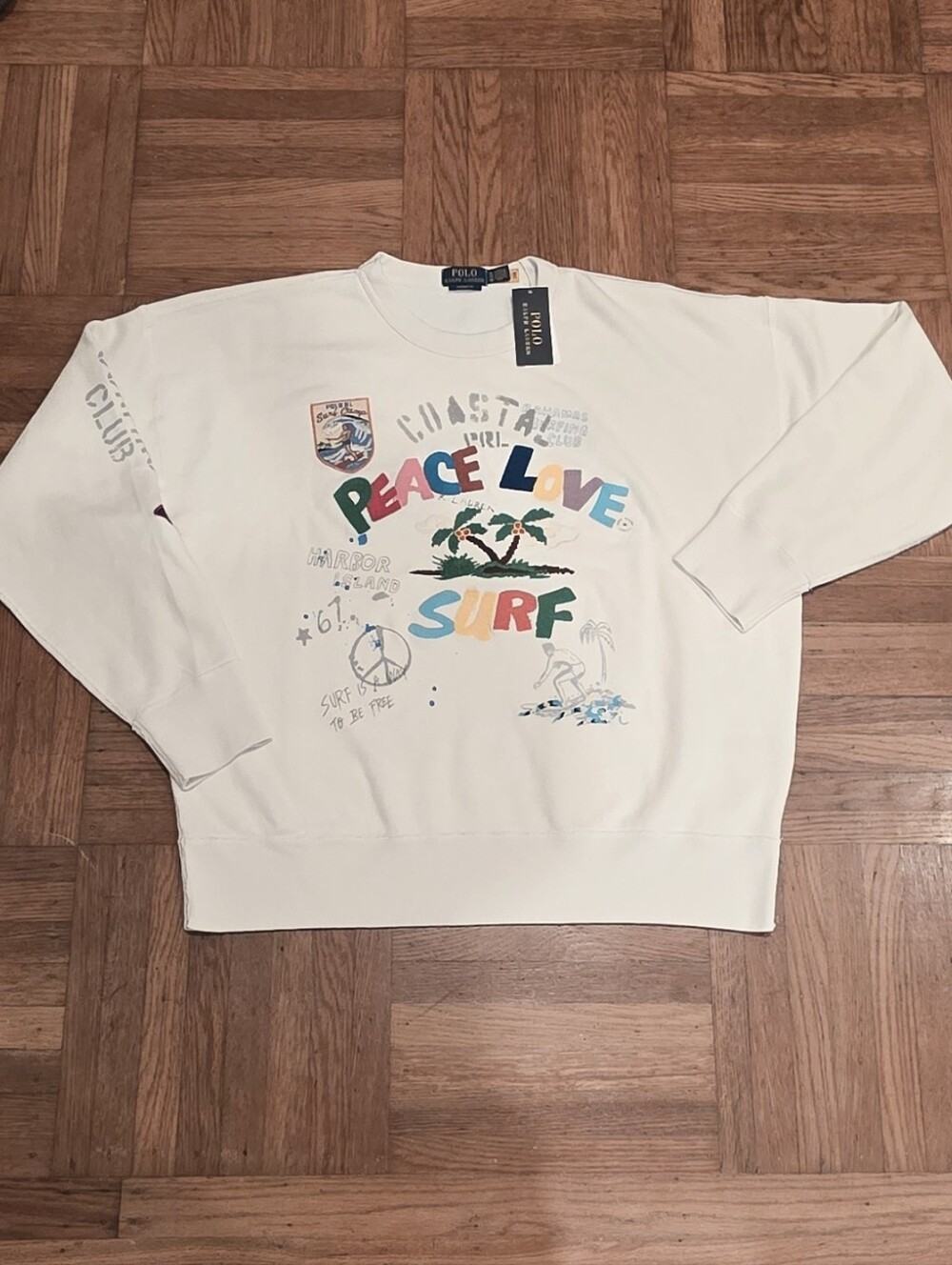 Polo by Ralph Lauren White "Peace Love Surf" Graphic Sweatshirt Men's XL